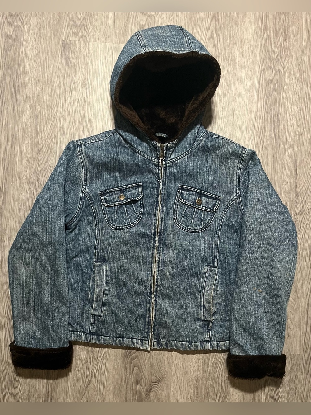 Vintage Lee denim hooded full zip faux fur outerwear jacket women’s large ￼